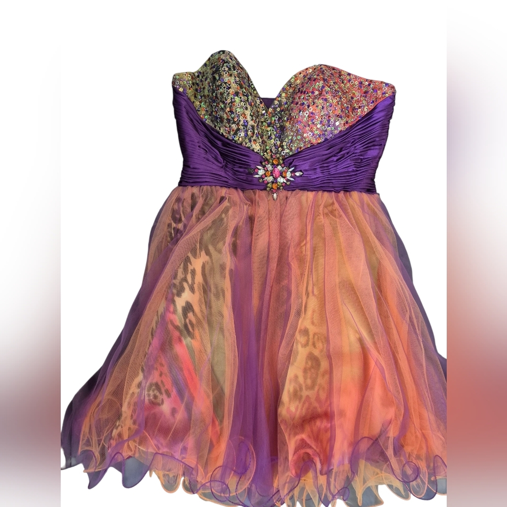 12 RIVA DESIGN Purple and Orange Strapless Dress - Picture 4 of 13